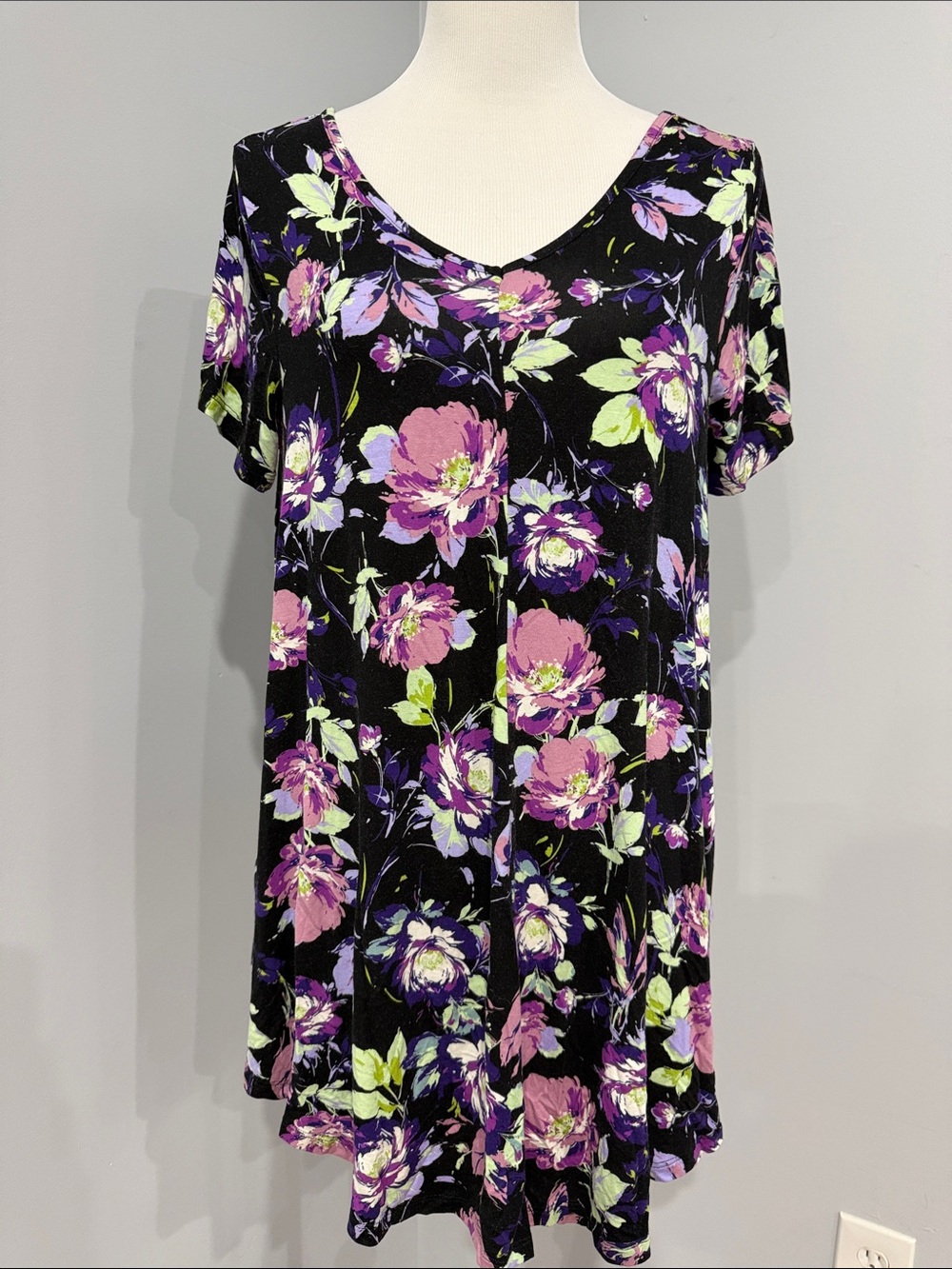Roaman's Black Floral V-Neck Tunic - Purple, Pink & Lime Accents